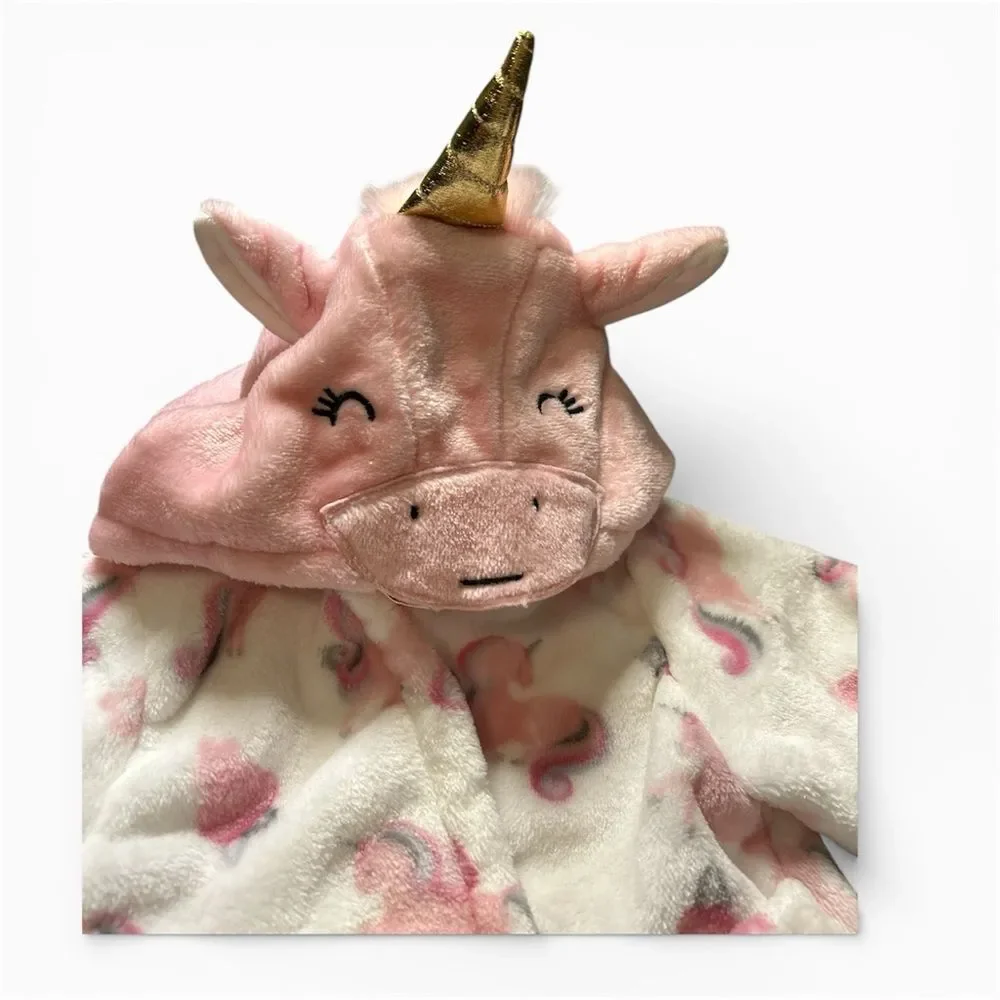 Unicorn Robe 0-6M Pink White Plush Hooded Bathrobe Animal Face